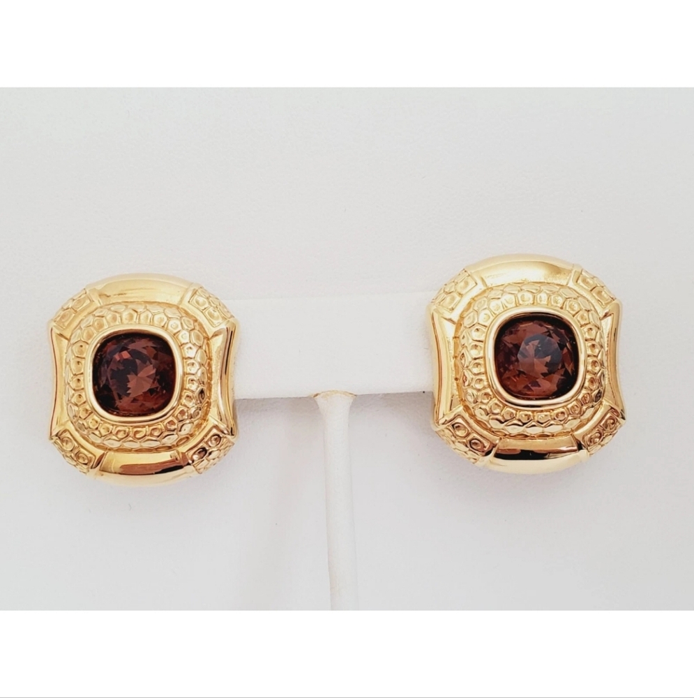 RARE Vintage Swarovski Facted Brown Topaz Bezel Gold Tone Clipon Earrings